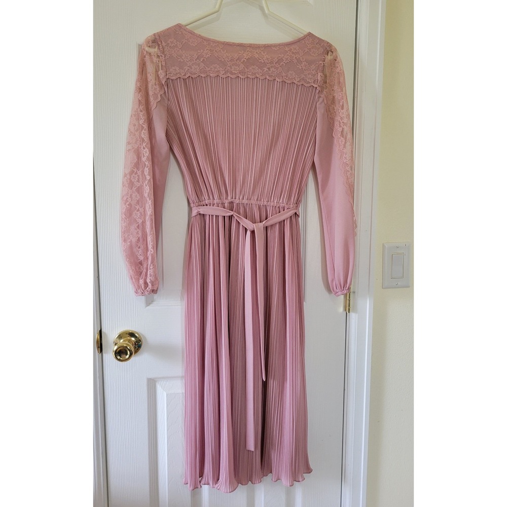 Vintage Hal Ferman Mauve Pink Pleated Lace Long Sleeve Midi Dress Size 8